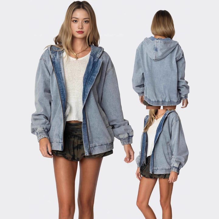 Damen Oversized Denimjacke mit Kapuze und elastischen Bündchen Lisslune