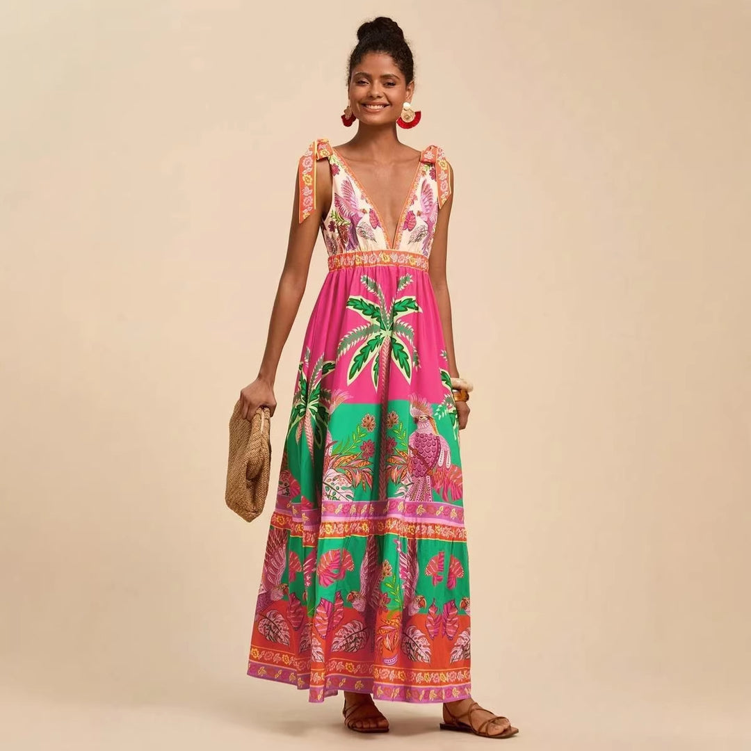 Women's maxi dress with deep V-neckline and playful lacing details Lune London