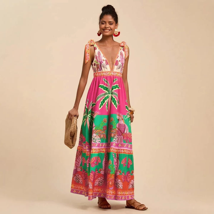 Women's maxi dress with deep V-neckline and playful lacing details Lune London