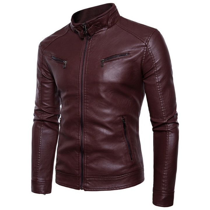Men's stylish leather jacket with modern stand-up collar and zippers Lisslune