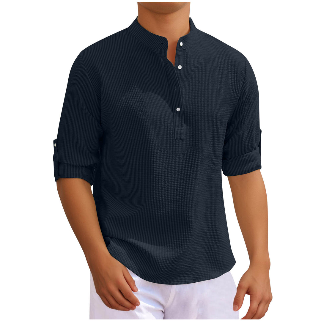 Men's casual long sleeve shirt with button placket and rollable sleeves Lisslune