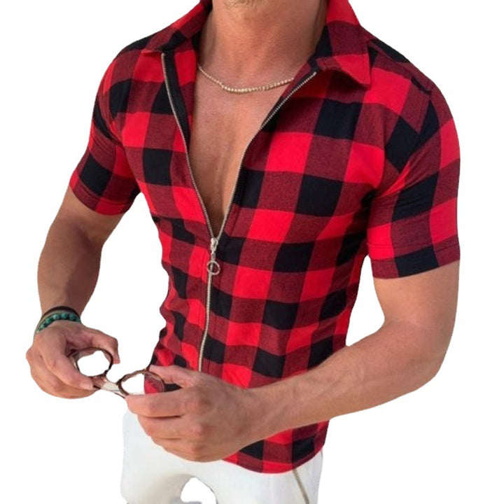 Men's short-sleeve shirt with modern check pattern and casual zipper Lisslune