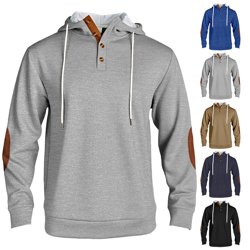 Men's hooded sweatshirt with modern button placket design and reinforced elbow patches Lisslune