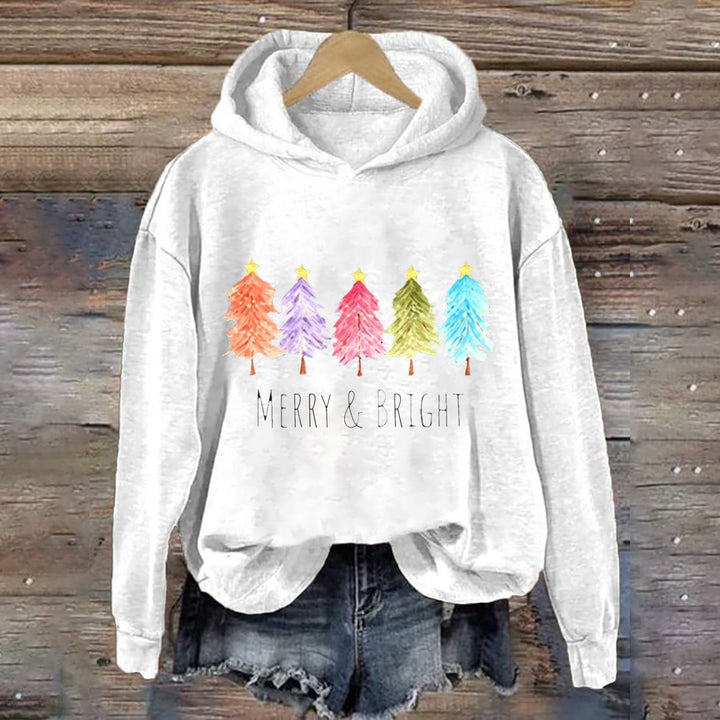 Women's Hooded Sweatshirt with Festive Tree Graphic Lisslune
