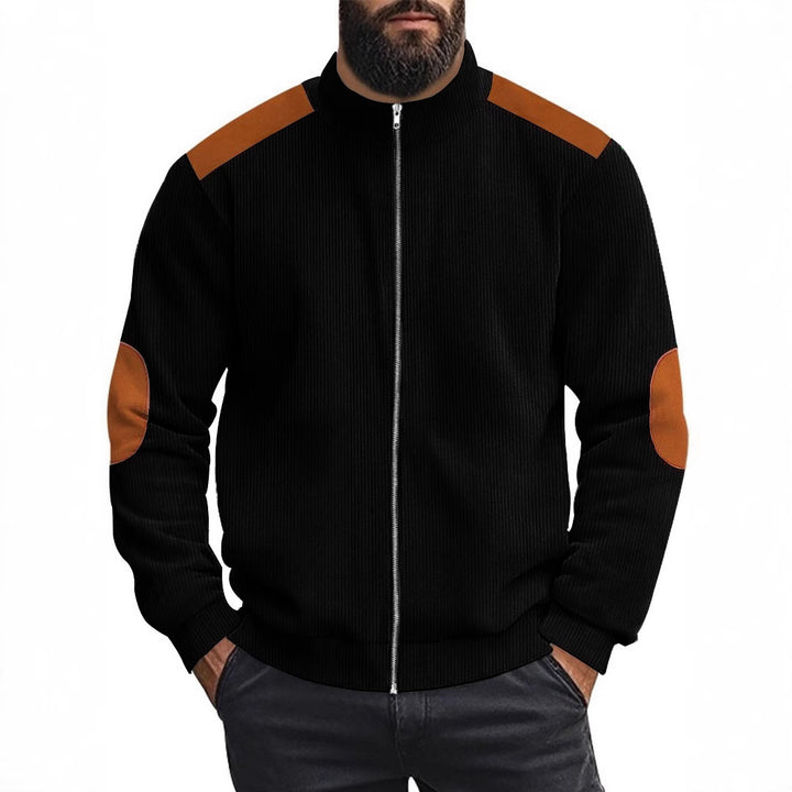 Men's cardigan with modern leather accents and high closed collar Lisslune