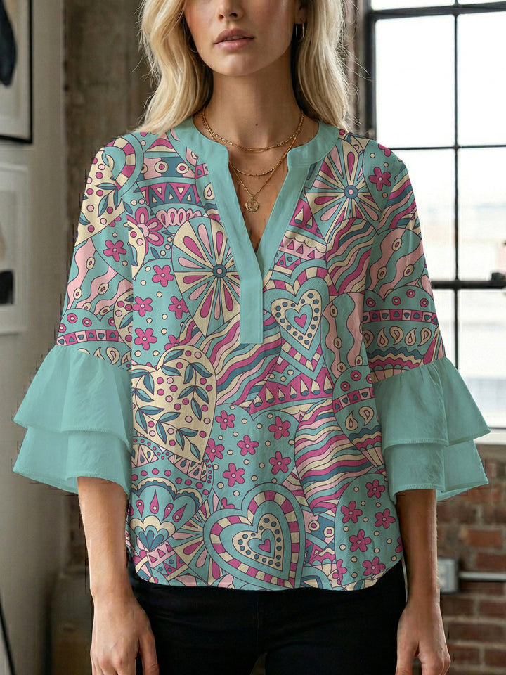 Ladies elegant blouse shirt with voluminous puff sleeves and graphic floral design Lisslune