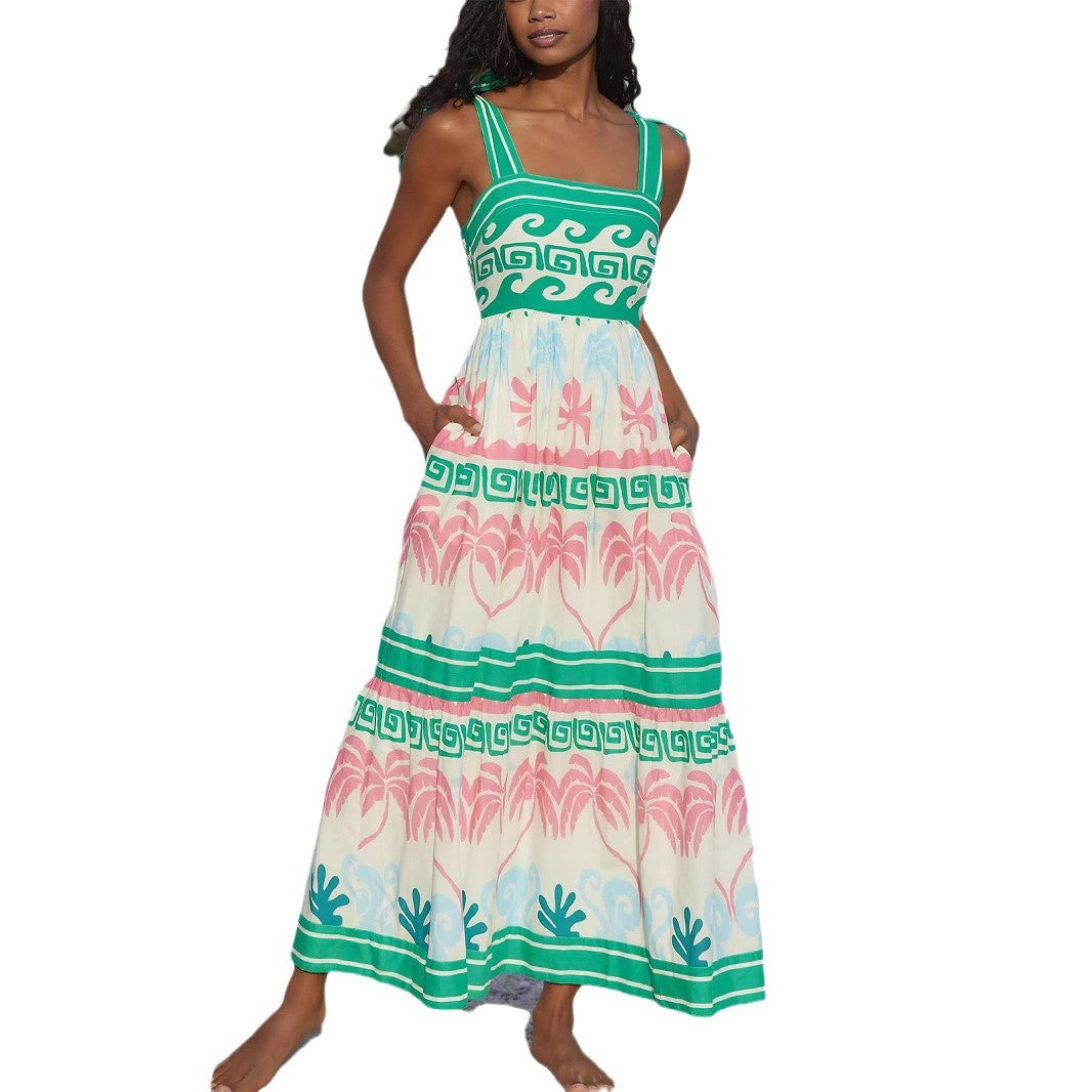 Women's summer maxi dress with a unique graphic pattern and practical pockets