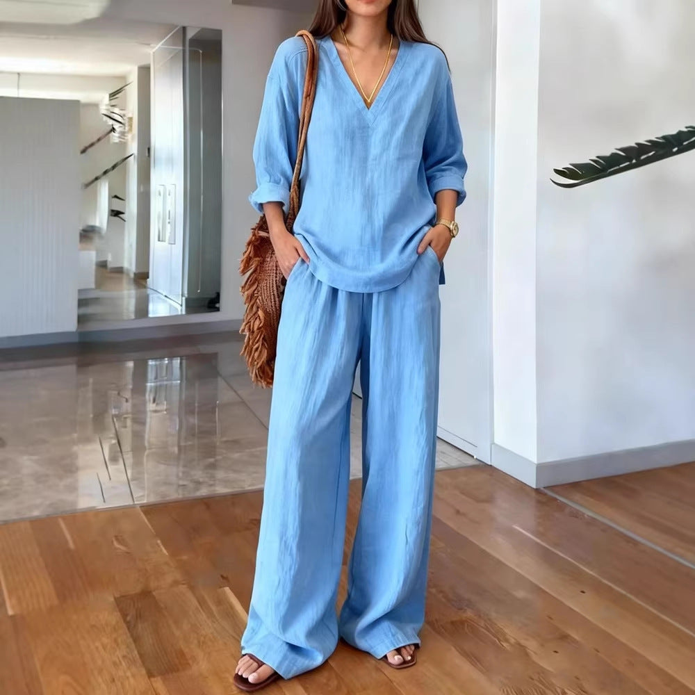 Women's Casual Linen Top and Wide Palazzo Pants Set Lisslune