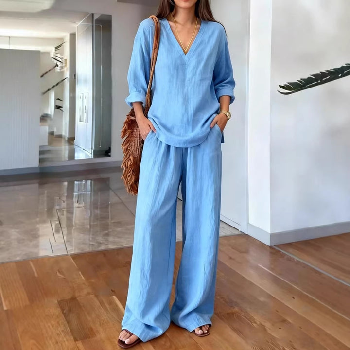 Women's Casual Linen Top and Wide Palazzo Pants Set Lisslune