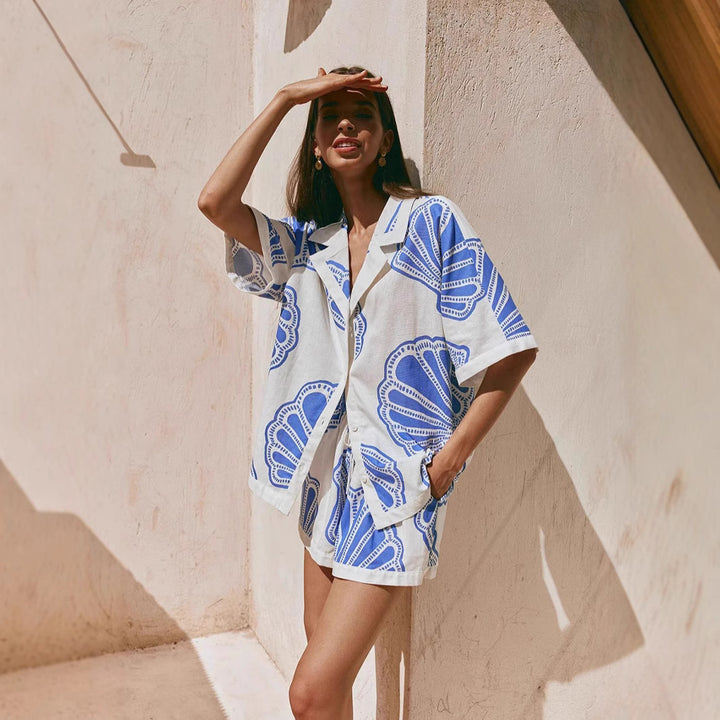 Women's Summer Short Sleeve Set with Maritime Shell Design and Loose Fit