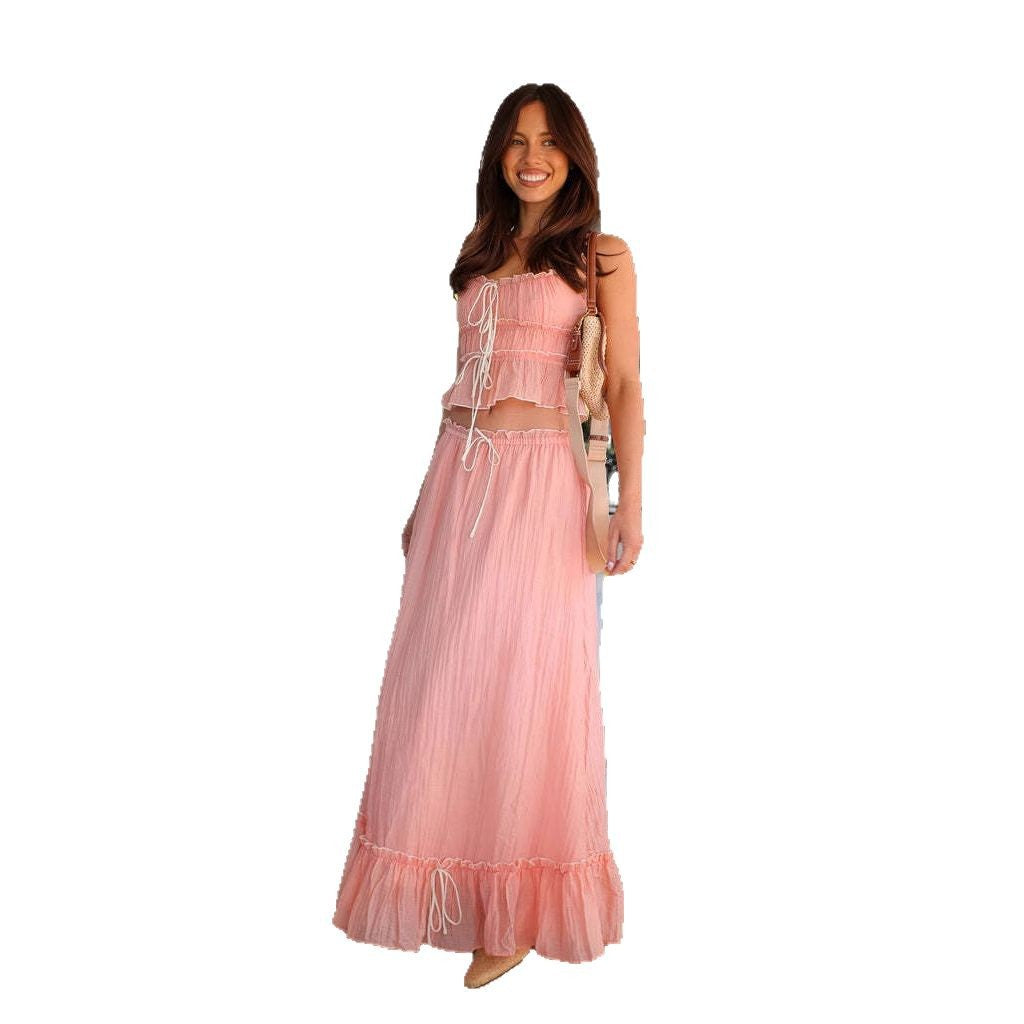 Ladies' maxi dress with playful ruffled hem and practical tie bands Lisslune