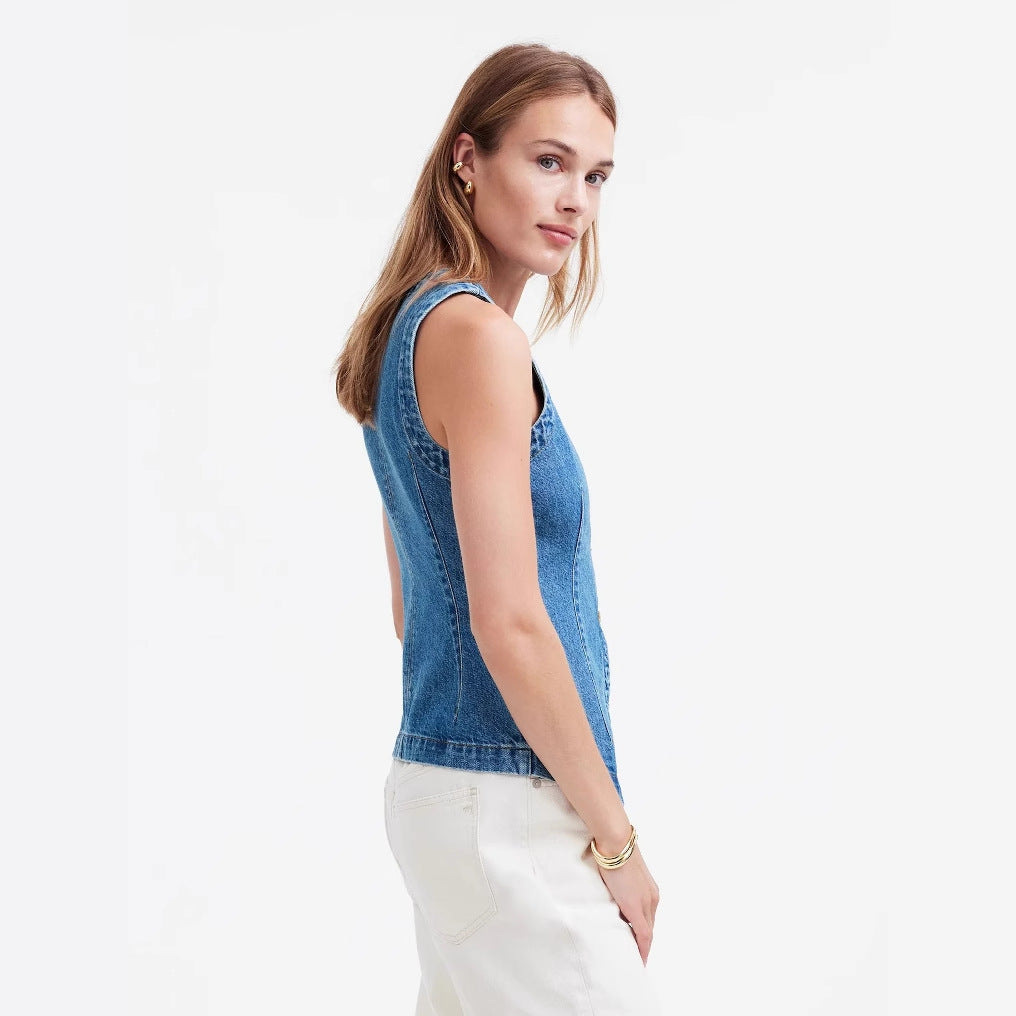Women's jeans vest with asymmetrical cut and decorative buttons Lisslune