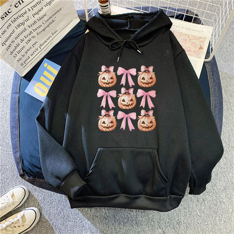 Women's Hoodie with Cheerful Pumpkin Design Lisslune