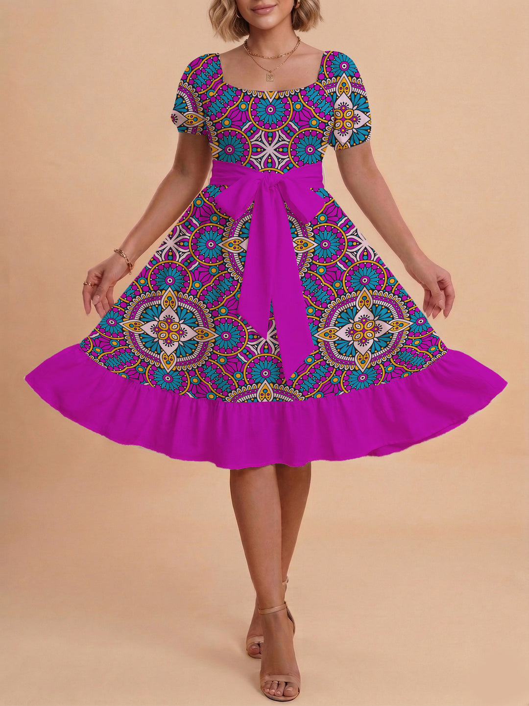 Women's elegant maxi dress with floral design and waist belt Lisslune