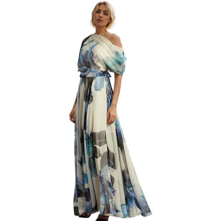 Women elegant chiffon dress with off-shoulder design and floral pattern Lisslune