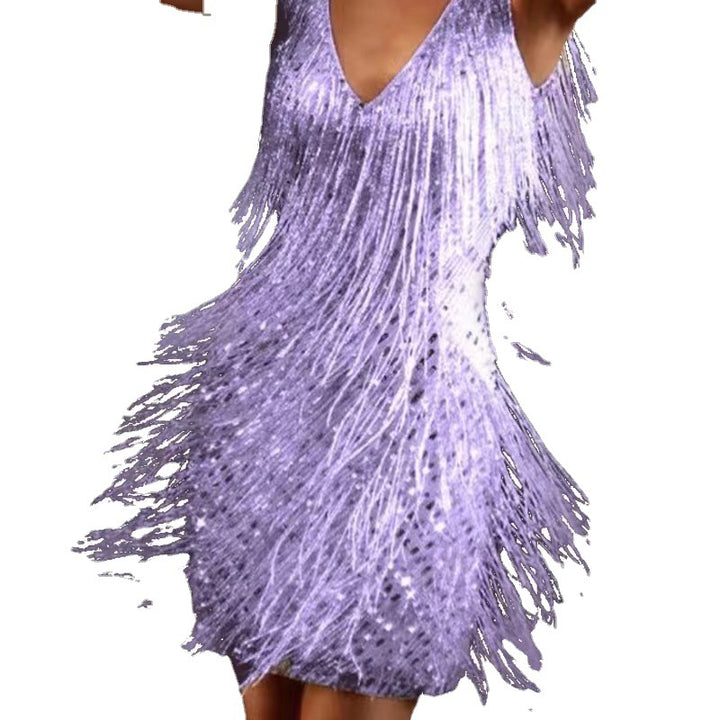Women's Glittering Mini Dress with Fringe Details and Off-Shoulder Design Lisslune