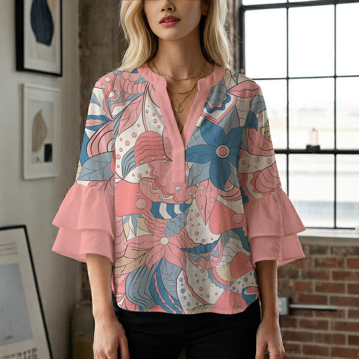 Ladies elegant top with voluminous ruffle hems and floral design Lisslune