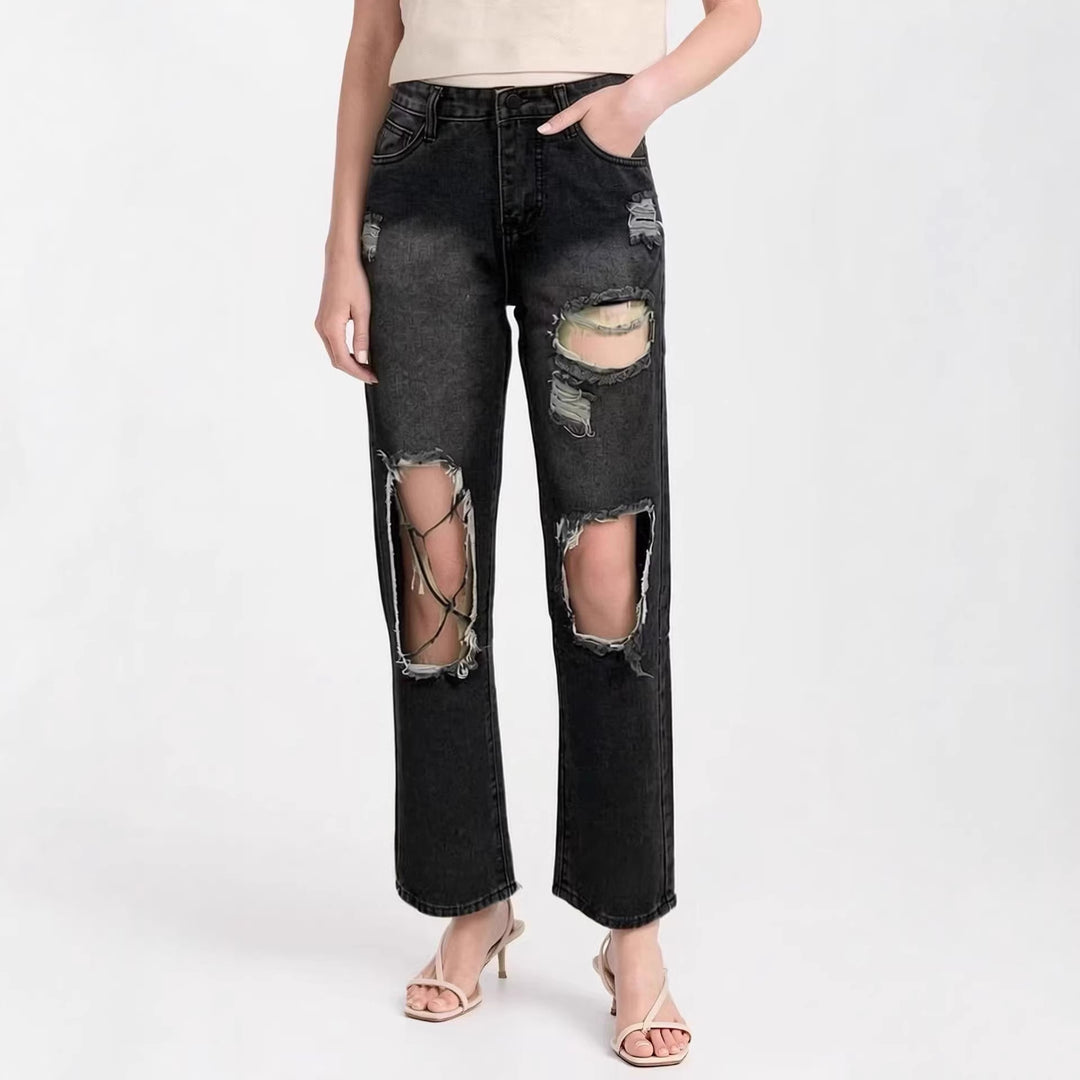 Women's distressed Mom Jeans with trendy cut-out details Lisslune
