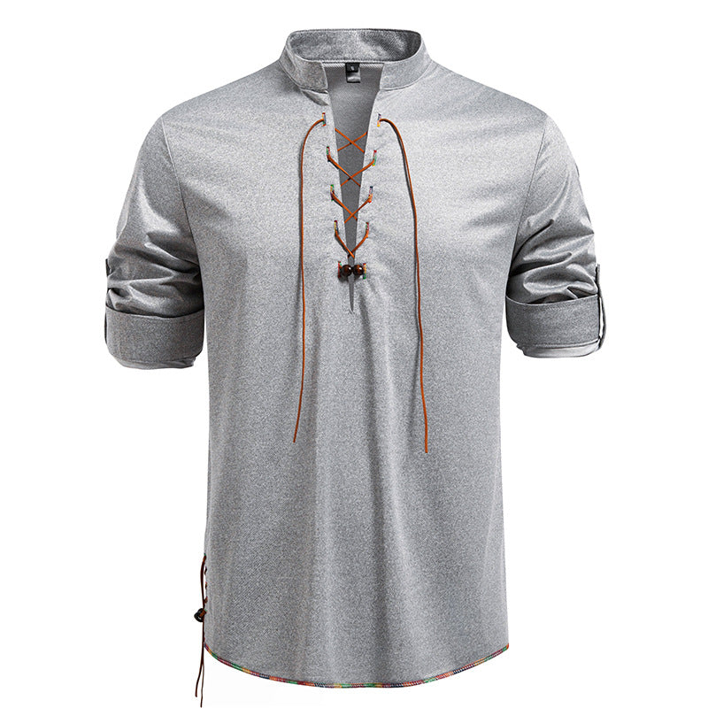 Men's Long Sleeve Shirt with Drawstring and Stand-Up Collar Lisslune