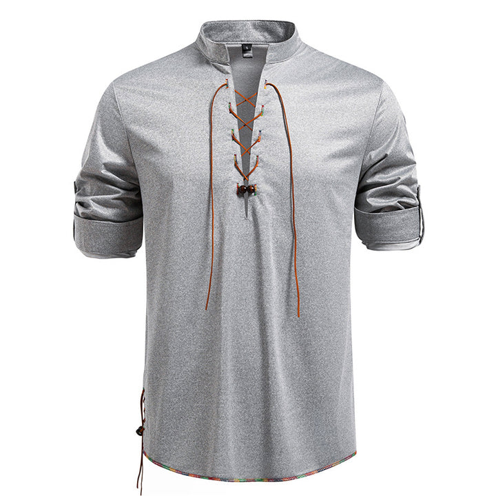 Men's Long Sleeve Shirt with Drawstring and Stand-Up Collar Lisslune