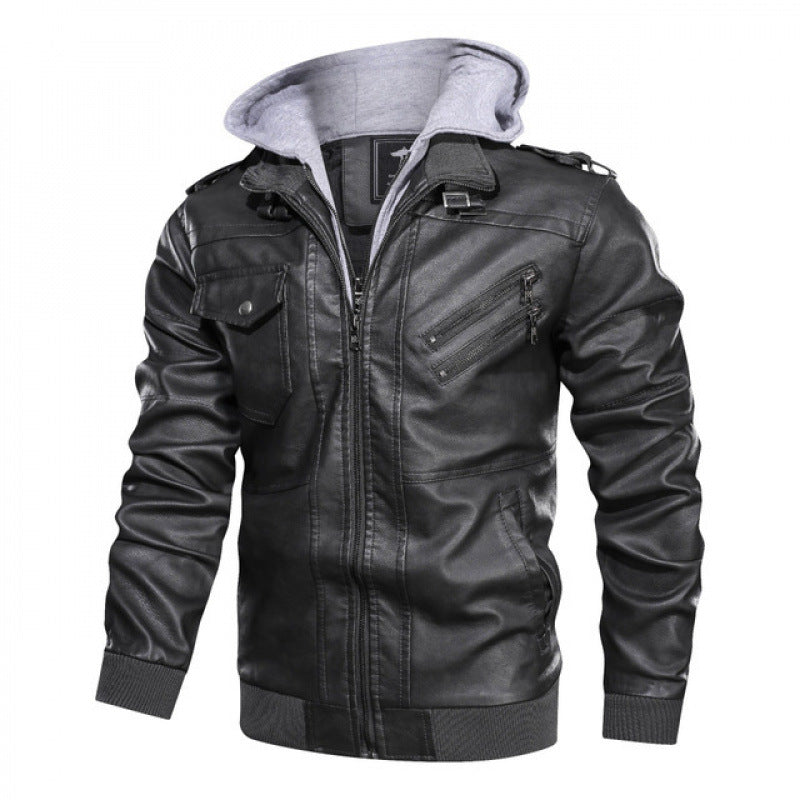 Men's leather jacket in modern biker style with removable hood Lisslune