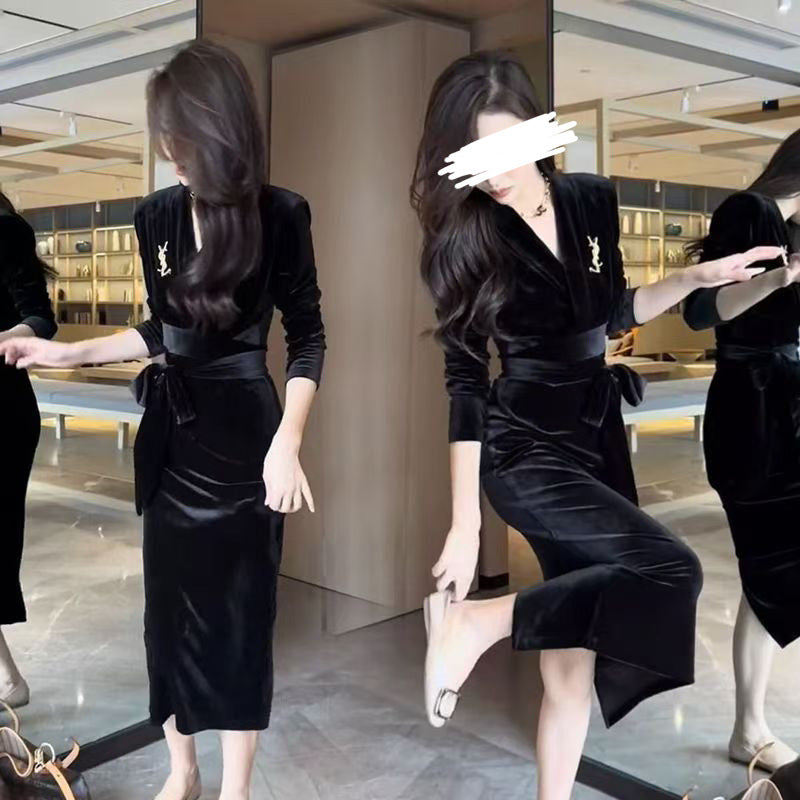Women long sleeve dress with elegant wrap design and stylish ruffle hem
