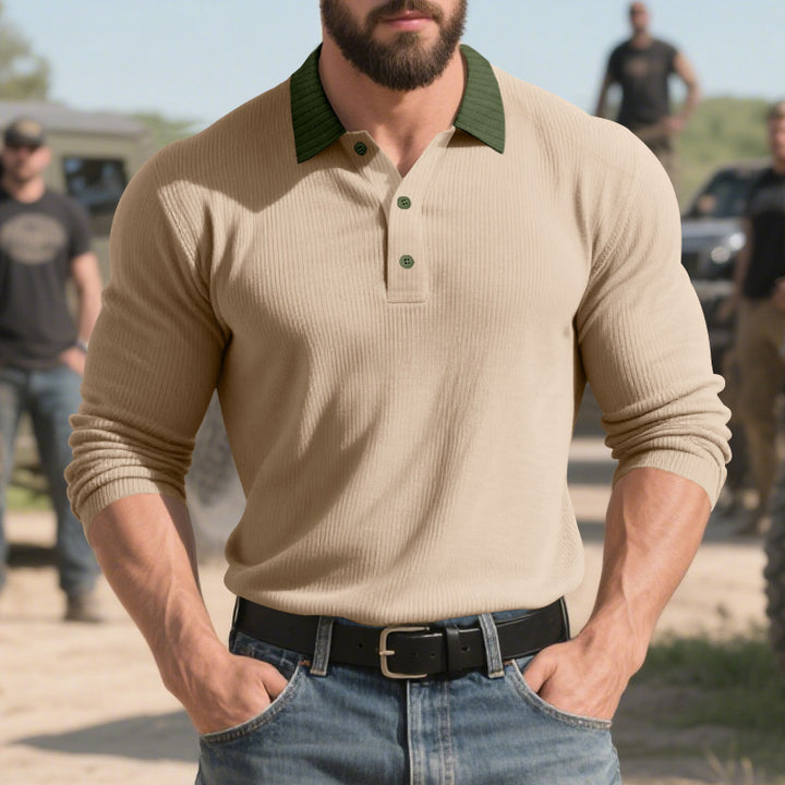 Men's long-sleeved polo shirt with textured design and classic collar Lisslune