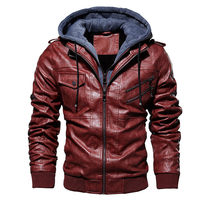 Men's Casual Synthetic Leather Jacket with Removable Hood and Numerous Pockets Lisslune