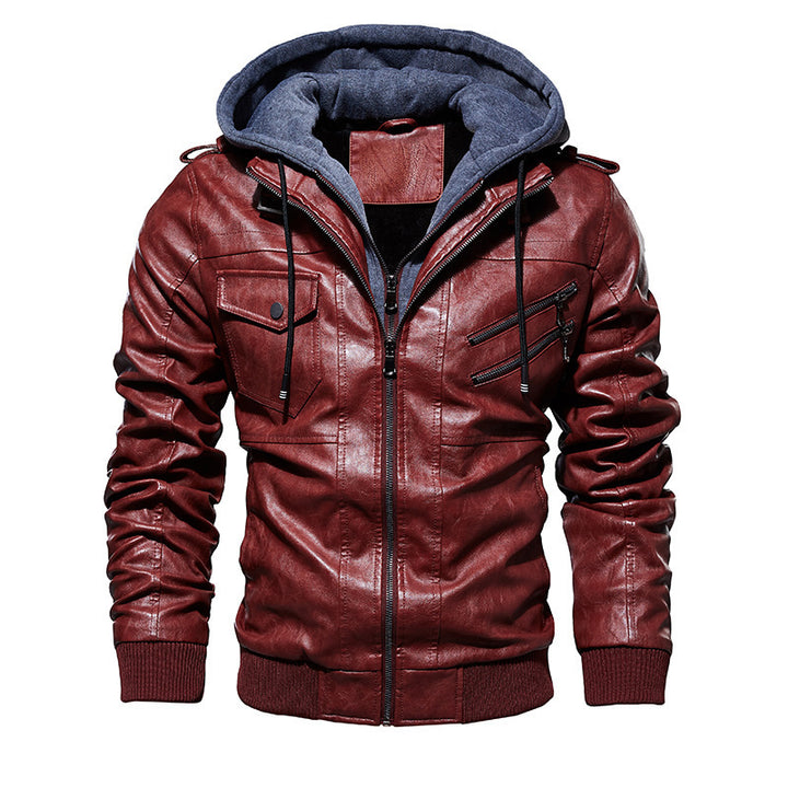 Men's Casual Synthetic Leather Jacket with Removable Hood and Numerous Pockets Lisslune