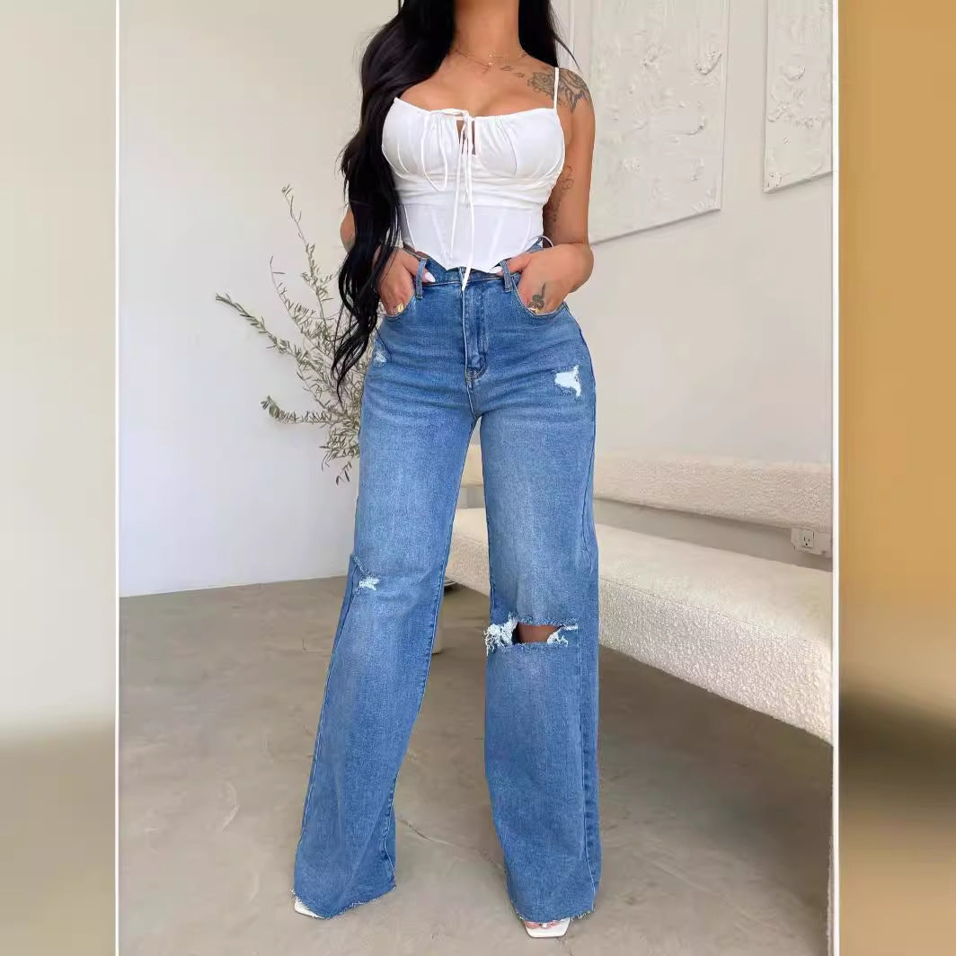 Women's wide-cut jeans with distressed details and high waistband Lisslune