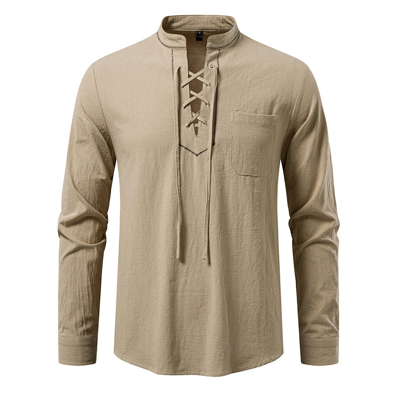 Men's long sleeve shirt with high-quality stand-up collar and decorative lacing Lisslune