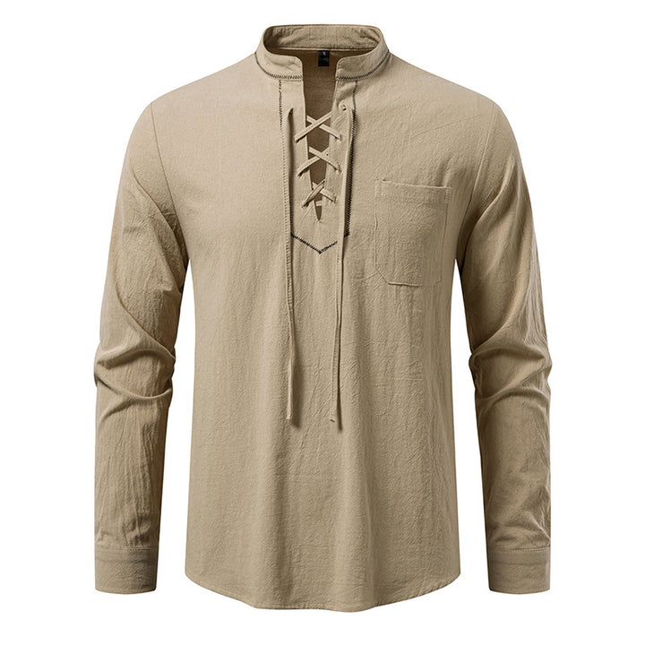 Men's long sleeve shirt with high-quality stand-up collar and decorative lacing Lisslune