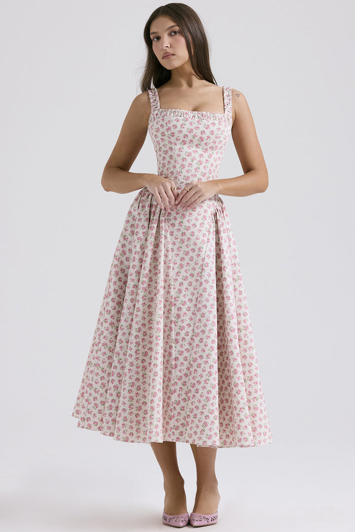 Women’s midi dress with floral pattern and flared skirt Lune London