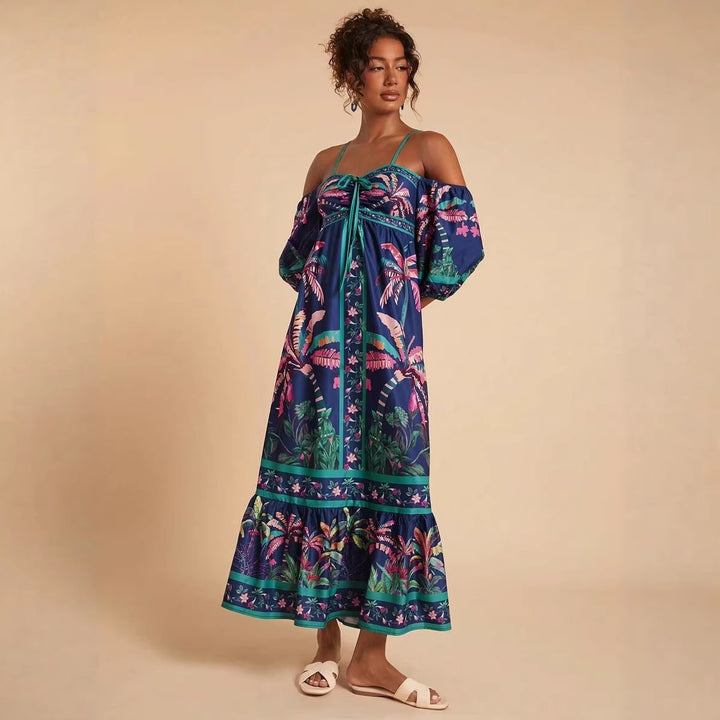 Women's maxi dress with off-shoulder design and tropical print Lune London