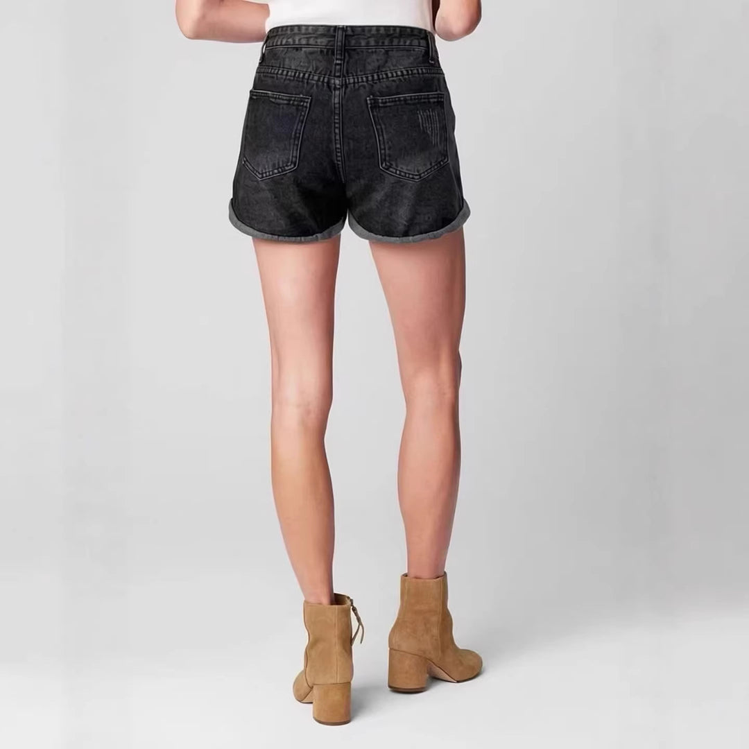 Women's Destroyed Denim Shorts with High Waist and Stylish Fringe Look Lisslune
