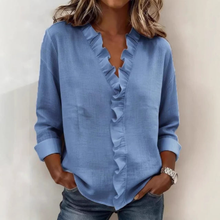 Women romantic blouse with ruffle details and V-neck Lisslune