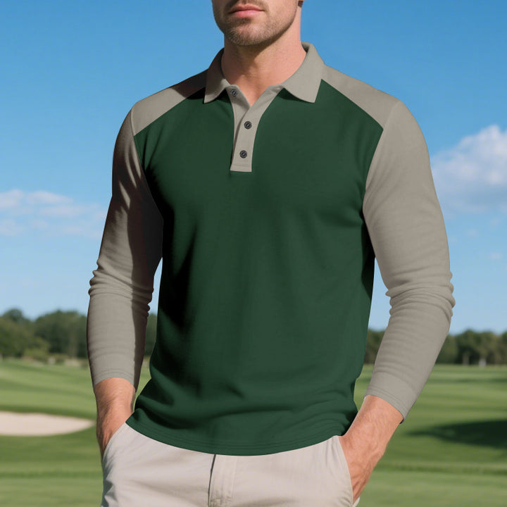 Men's Long Sleeve Polo Shirt with Contrasting Sleeve Panels Lisslune