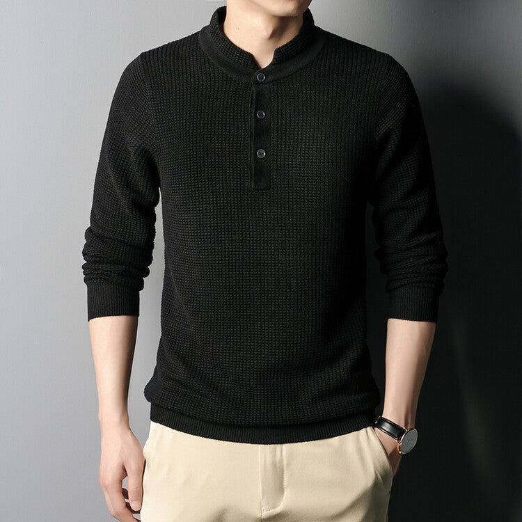Men's Structured Long Sleeve Sweater with Button Placket Lisslune