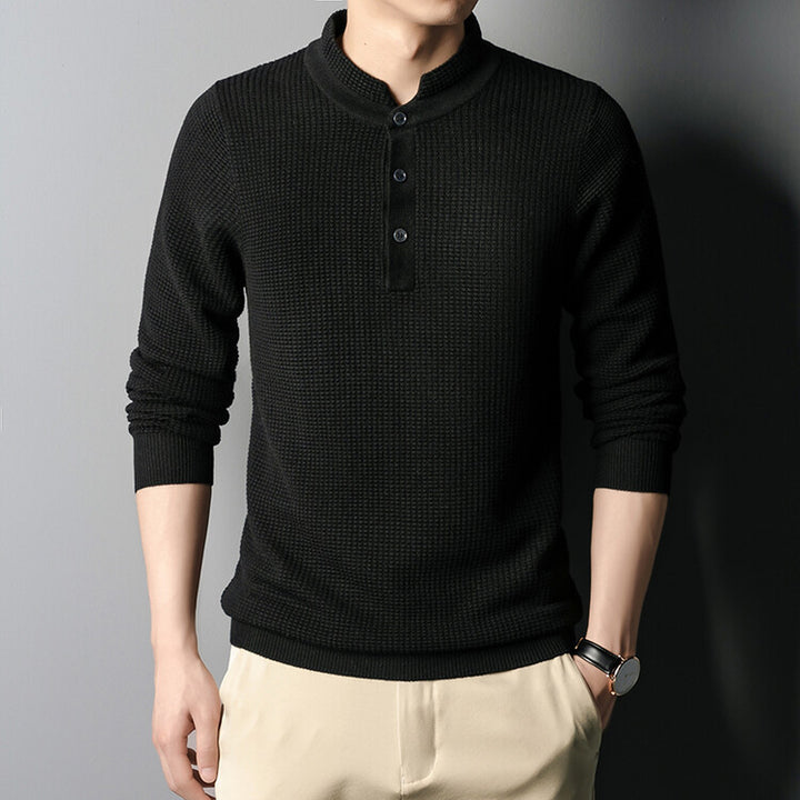 Men's Structured Long Sleeve Sweater with Button Placket Lisslune