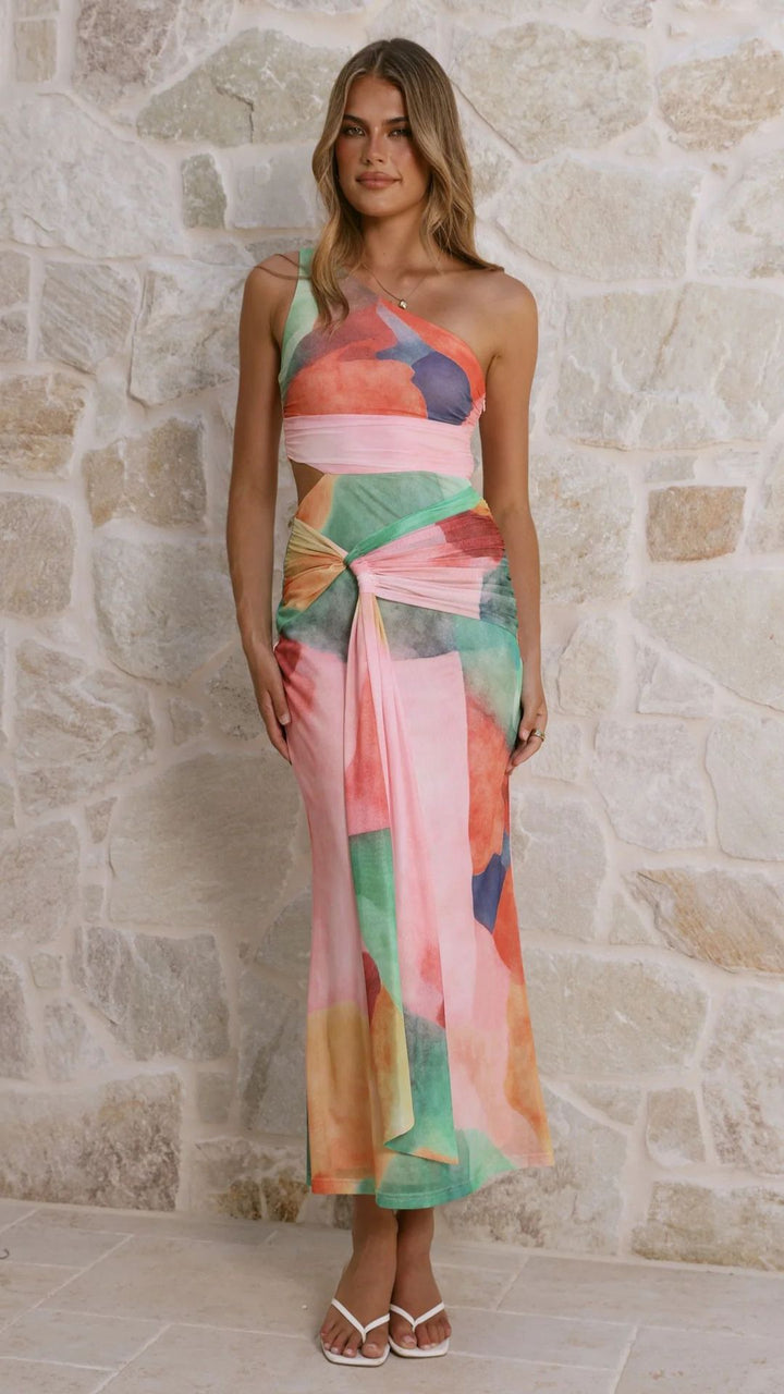 Women’s wrap maxi dress with asymmetric strap and floral accents Lune London