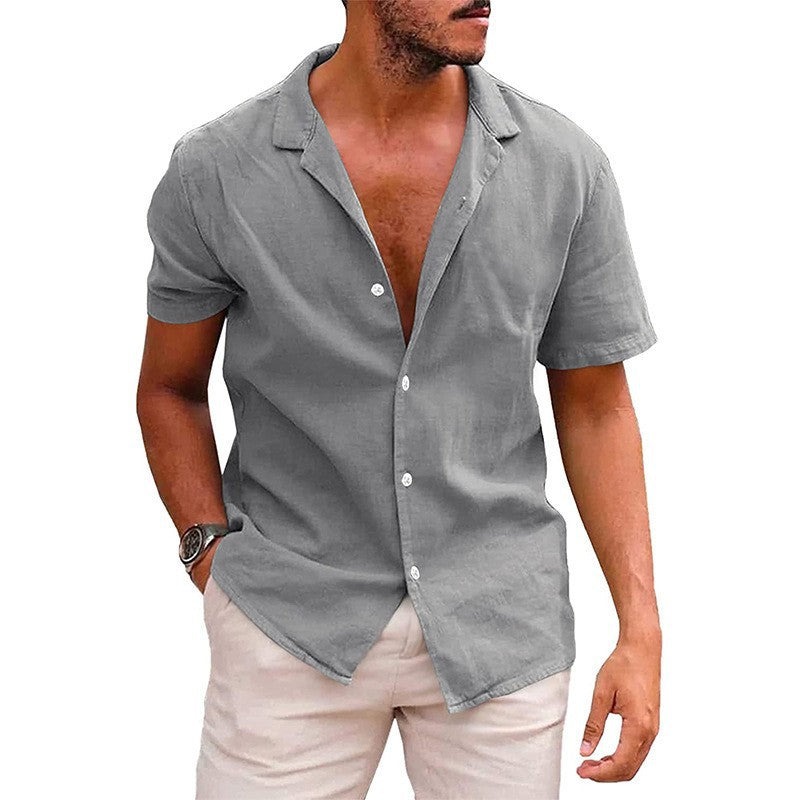 Men's short-sleeve shirt made of high-quality linen with stylish notch collar Lisslune