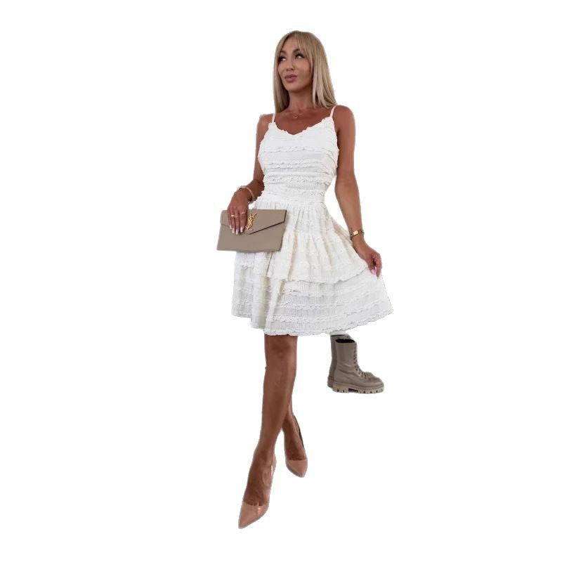 Ladies Summer A-Line Dress with Ruffles and Fine Texture Design