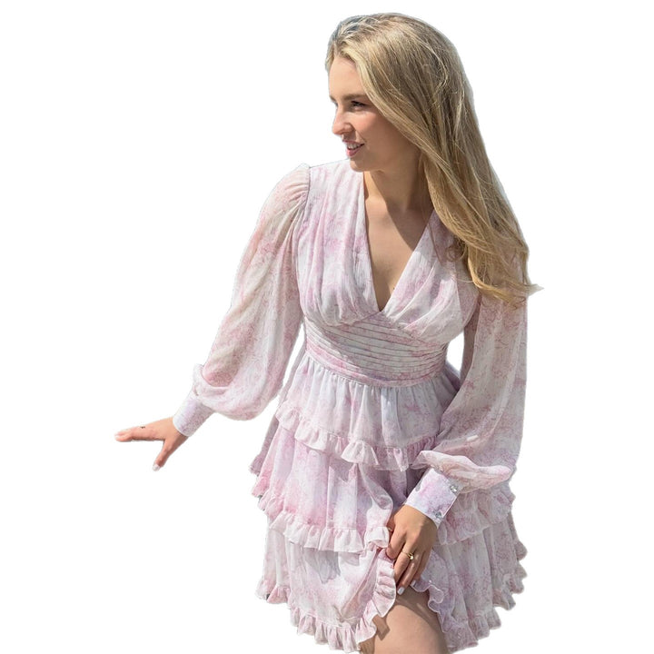 Women's romantic ruffle detail dress with deep V-neck and long sleeve Lisslune