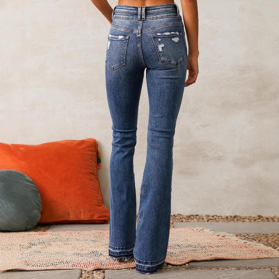 Women's Flared Jeans with High Waist and Fashionable Destroyed Effect Lisslune