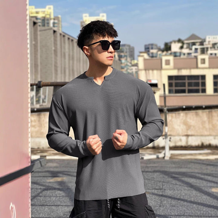 Men's long sleeve shirt with innovative rib design and stylish stand-up collar Lisslune