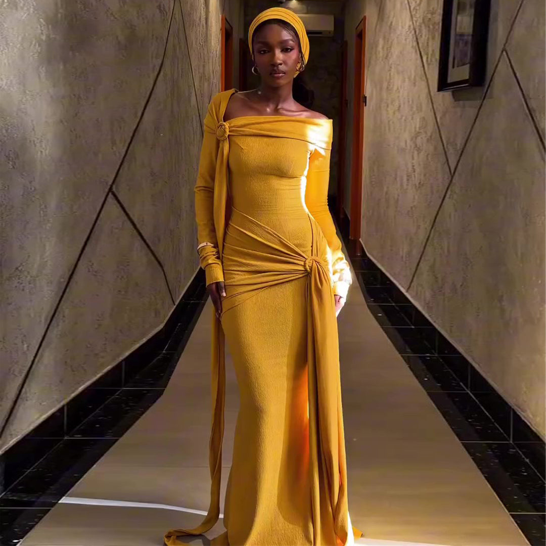 Women's Long-Sleeved Evening Dress with Asymmetrical Cut and Sophisticated Draping Lisslune