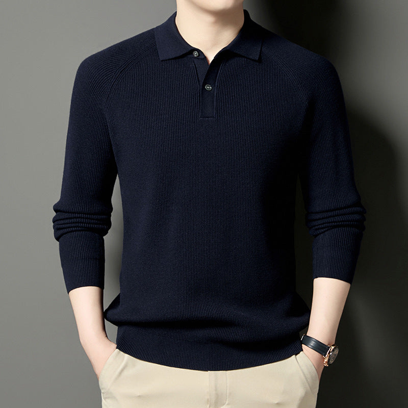 Men's Fine Knit Pullover with Classic Polo Collar and Fashionable Ribbed Structure Lisslune