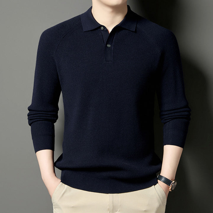 Men's Fine Knit Pullover with Classic Polo Collar and Fashionable Ribbed Structure Lisslune