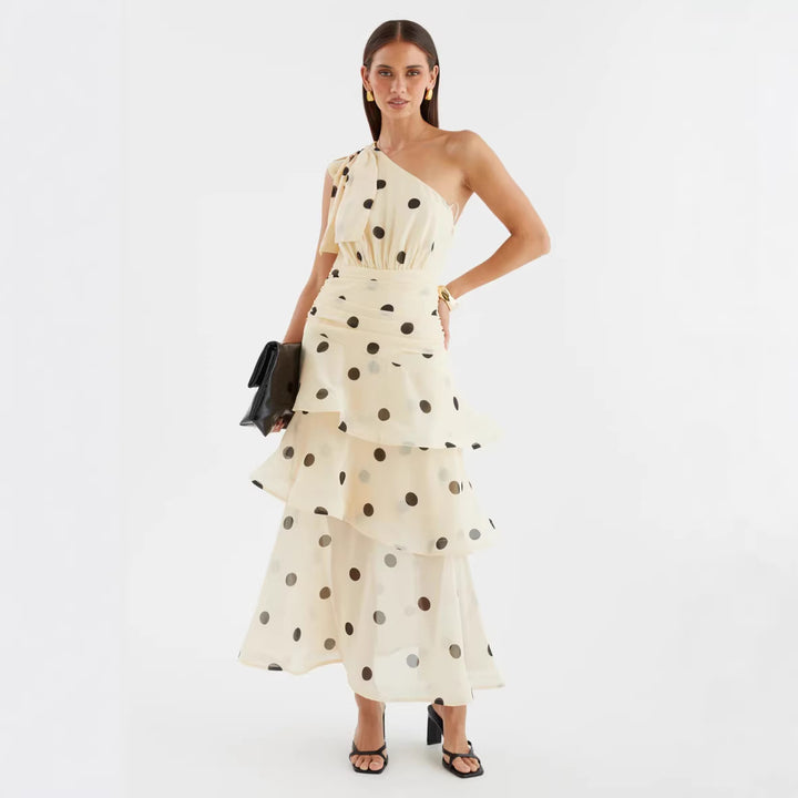 Women's maxi dress with asymmetrical shoulder design and voluminous skirt Lune London