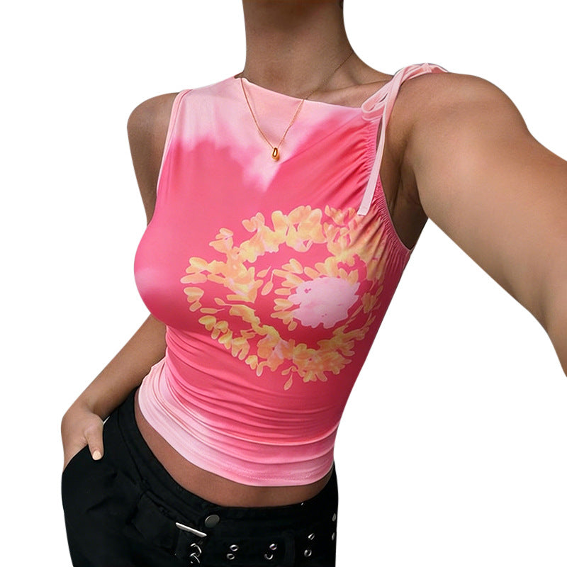 Ladies fitted tank top with floral pattern and fine ruffle details Lune London